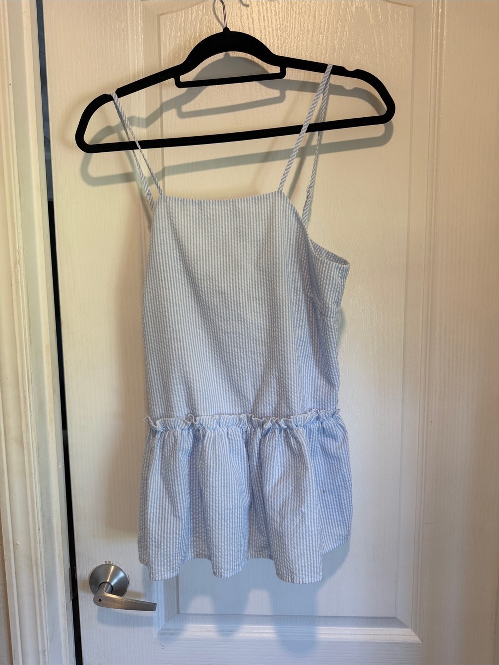 THML Light Blue Striped Spaghetti Strap Peplum Top seersucker